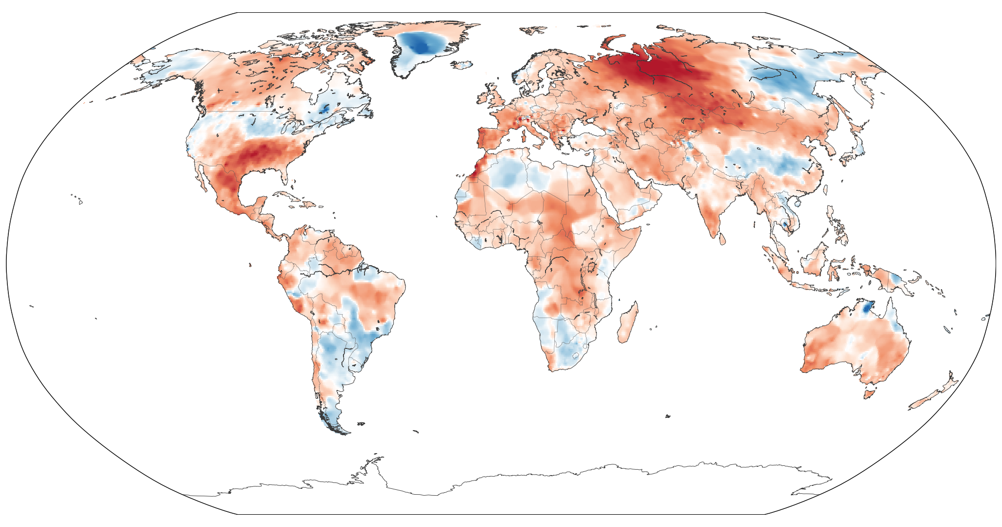 World map of 14-day maximum-temperature departures from the 1991–2020 normal